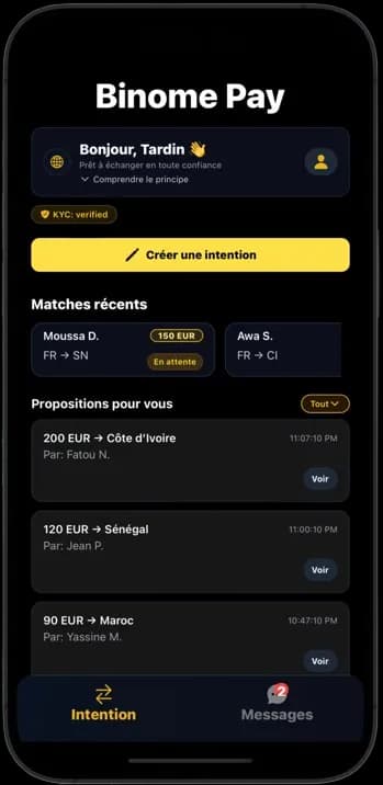 Capture d'écran de Binome Pay - Transférer de l'argent d'un pays à un autre sans passer par les moyens classiques comme les banques ou Western Union, en mettant en relation directe deux personnes avec des besoins croisés.