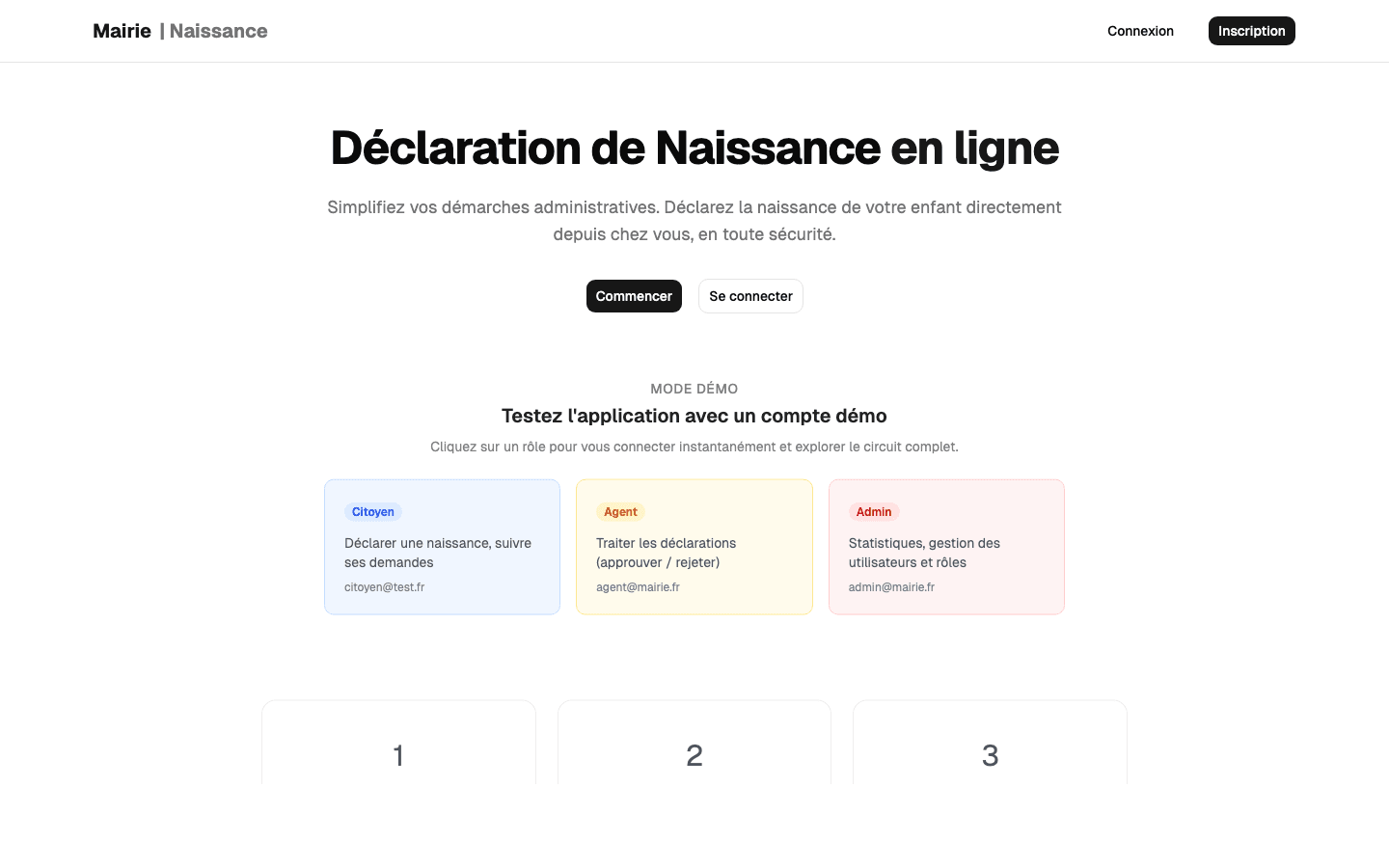 Capture d'écran de Déclaration de Naissance - Application web de dématérialisation des déclarations de naissance, permettant aux citoyens de soumettre leurs démarches administratives en ligne de manière sécurisée.