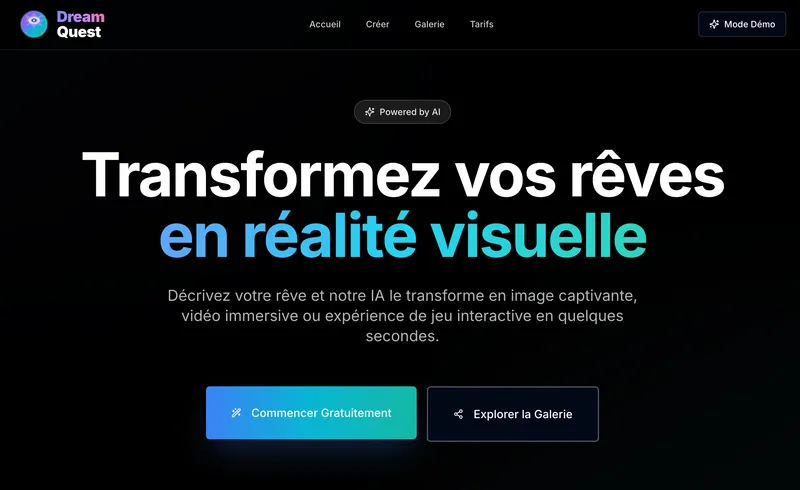 Capture d'écran de DreamQuest - Application innovante qui transforme vos rêves en réalité visuelle. Décrivez votre rêve à l'IA et elle le convertit en image, jeu interactif ou monde 3D immersif.