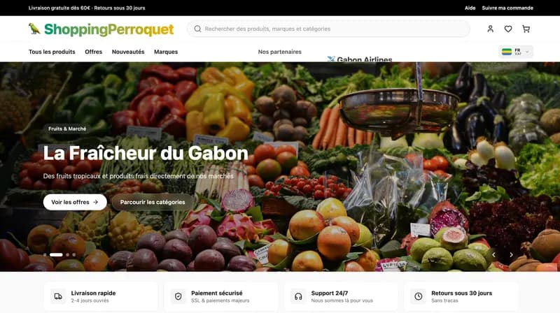 Capture d'écran de Shopping Perroquet - Site e-commerce proposant une large sélection de produits avec une expérience d'achat fluide et moderne.
