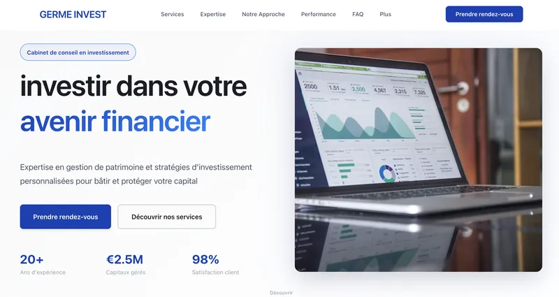 Capture d'écran de Germe Invest - Cabinet d'investissement offrant des services de conseil financier, de gestion de portefeuille et d'accompagnement des projets d'entrepreneuriat en Afrique.